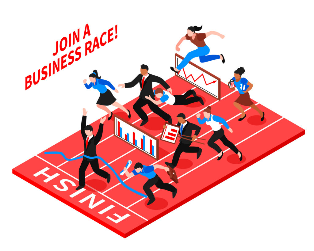 Colored flat competition business composition with running people and join a business race description vector illustration