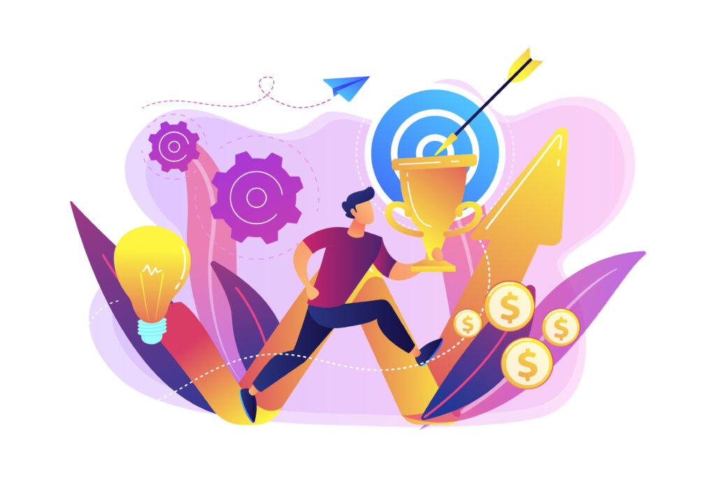 Businessman with trophy running and rising arrow. Business mission, mission statement, business goals and philosophies concept on white background. Bright vibrant violet vector isolated illustration. Sales cycles