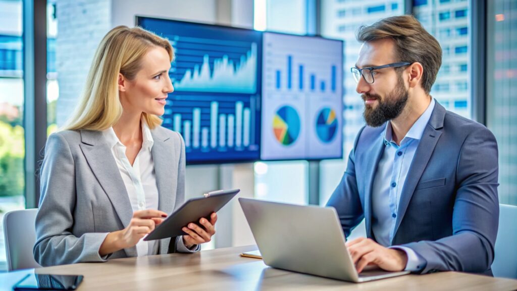 Business colleagues discussing work on a tablet and laptop.