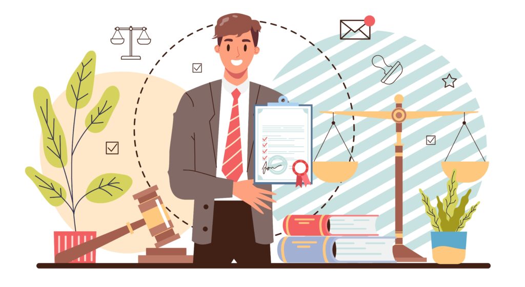 Notary license concept. Professional lawyer signing and legalizing paper document. Person witnessing signatures on document. Isolated flat vector illustration