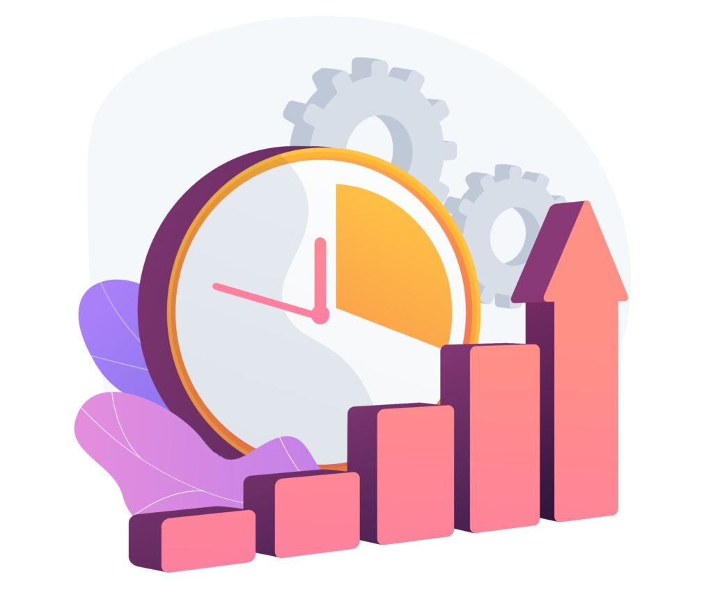 Clock and increasing chart. Workflow productivity increase, work performance optimization, efficiency indicator. Rising effectiveness metrics. Vector isolated concept metaphor illustration