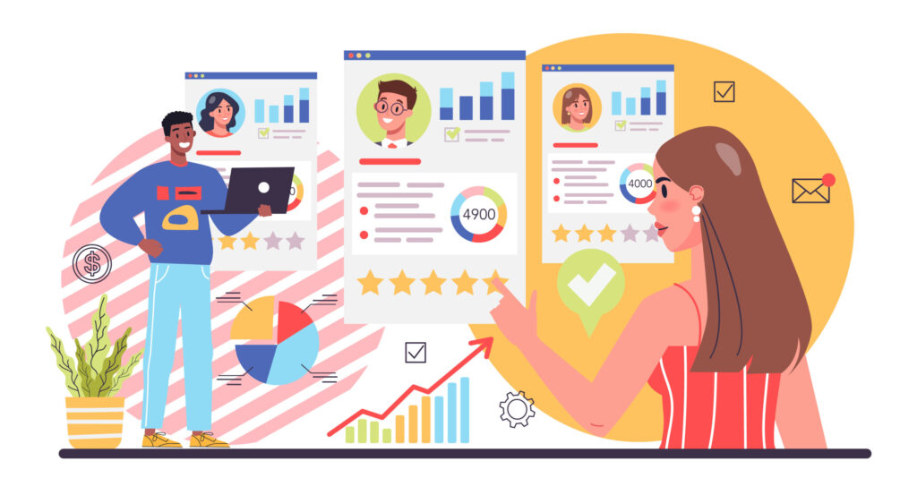 KPI concept. Key performance indicators. Employee evaluation, testing form and report, worker performance review. Staff management, empolyee development. Isolated flat vector illustration outsourced teams