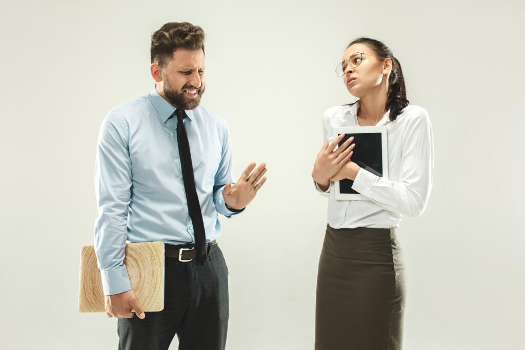 angry-boss-man-his-secretary-standing-office poor follow-up in sales