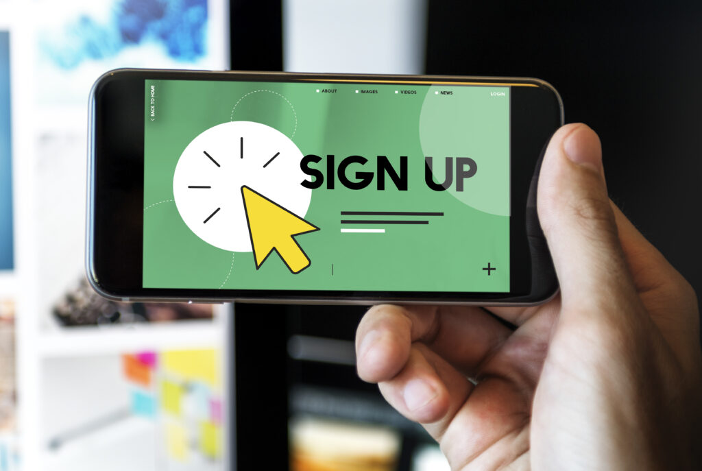 Sign up in text with mouse pointer icon CTA for optimizing sales presentations